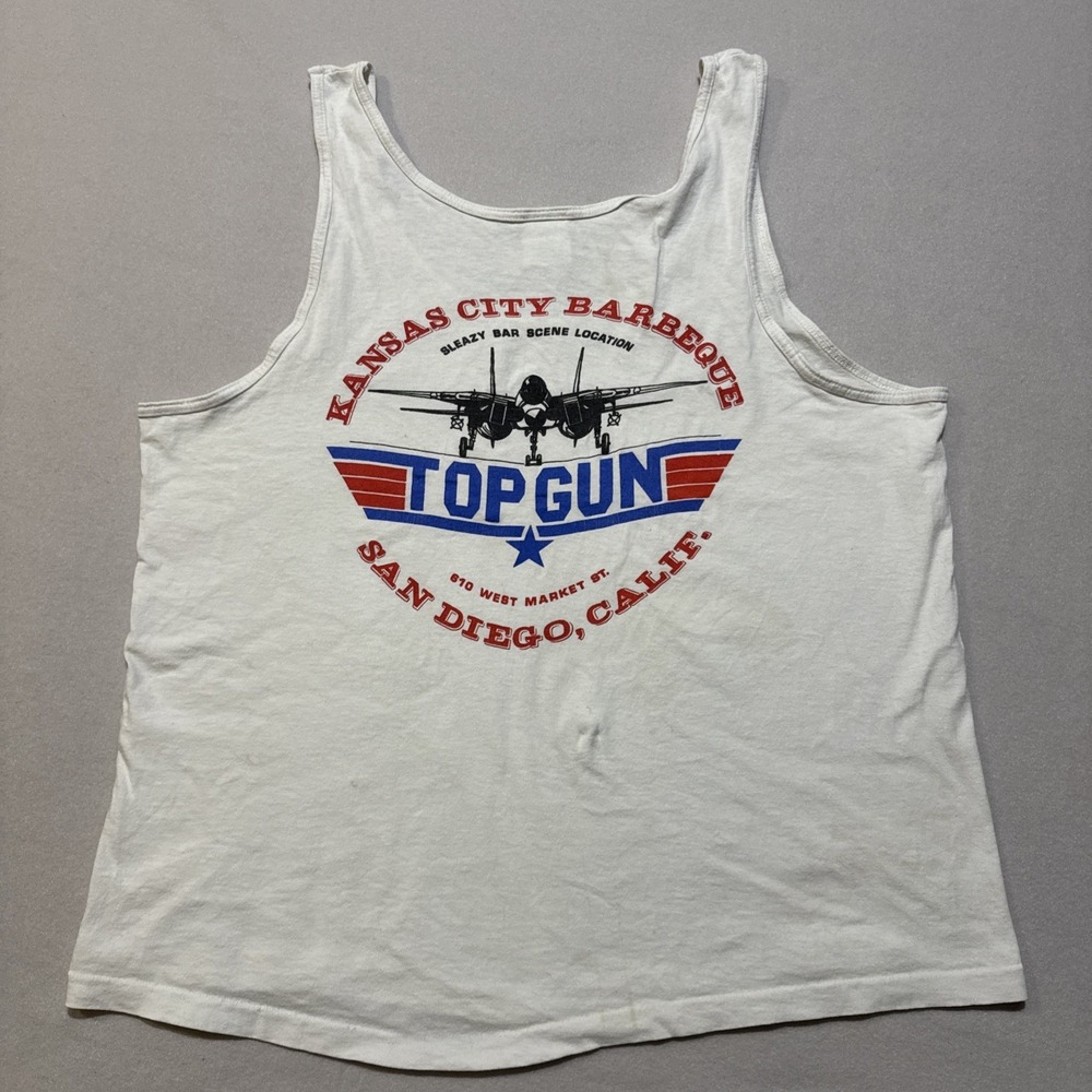Vintage Murina Top Gun Kansas City Barbeque Tank Top White Large USA Made 90s